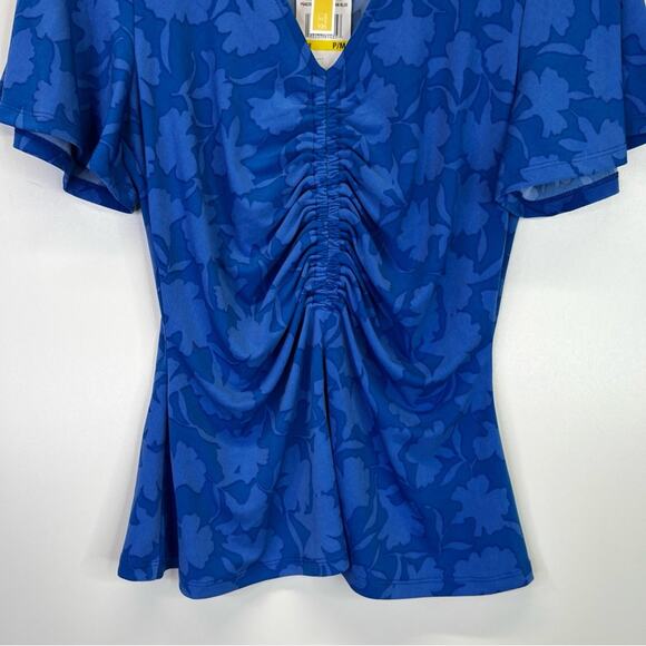 Michael Kors Printed Ruched Flutter Sleeve top grecian blue - P/M - Picture 5 of 11